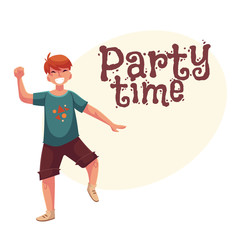Full length portrait of teenaged red haired boy in shorts and t-shirt dancing, cartoon style invitation, greeting card design. Party invitation, advertisement, Smiling boy dancing excitedly