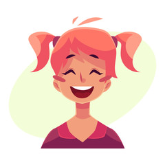 Teen girl face, laughing facial expression, cartoon vector illustrations isolated on yellow background. Red-haired girl emoji face laughing out load, closed eyes and open mouth. Laughing expression