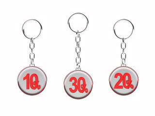 Set of silver keychains with red 10,20,30 percentages discount isolated on white background. 3D illustration  