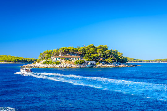 Croatia Hvar island seascape. / Waterfront view at island in Adriatic Sea in front of town Hvar, Hell's Islands, Croatia summertime