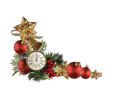 Adornos navideños aislados, reloj, estrellas y bolas sobre fondo blanco  Stock Illustration | Adobe Stock