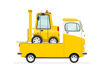 Naklejka premium Small truck carrying a forklift. Flat vector.