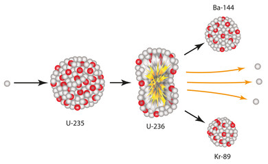 Kernspaltung von Uran-235 in Ba-144 und Kr-89