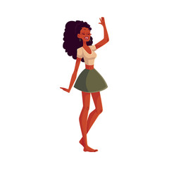 Young barefooted african american woman dancing, cartoon style vector illustration isolated on white background. Young and beautiful black woman, teenager, girl dancing at a party in skirt and t-shirt