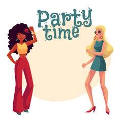 Young women, black and white, in 1960s style clothing dancing disco, cartoon style invitation, greeting card design. Party invitation, advertisement, African and caucasian girls in retro style clothes