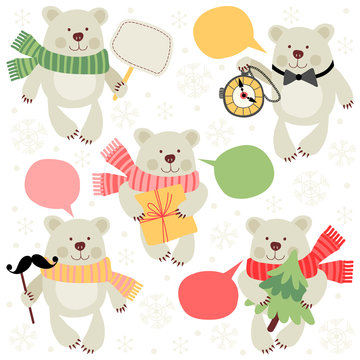 Set of illustrations with a polar bear. Traditional greetings