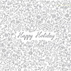 Christmas Icons Seamless Pattern. Happy Winter Holiday Wallpaper Greeting card, handwritten lettering Happy Holiday