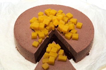 cut piece cheesecake cheese chocolate