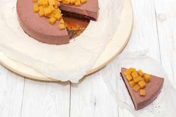 cut piece cheesecake cheese chocolate