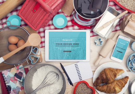 Tablet and Smartphone Surrounded by Baking Supplies Mockup 2
