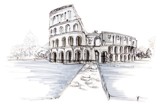 Hand Drawn Marker Sketch Of Italian Coliseum