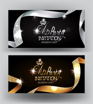 Elegant VIP party invitation cards with textured curled gold and silver ribbons