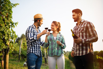 Wine growers tasting wine in vineyard