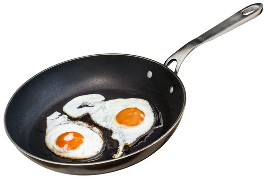 Sunny Side Up Eggs Fried In Old Heavy Duty Teflon Frying Pan Isolated On White Background