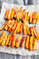 Homemade  oven baked carrot chips with thyme