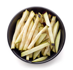 Bowl of eggplant chips isolated on white, from above