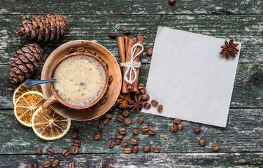 Christmas Breakfast.Coffee cup and coffee beans.