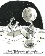 Black and white cartoon about a man going to Mars to get a better price on health insurance.