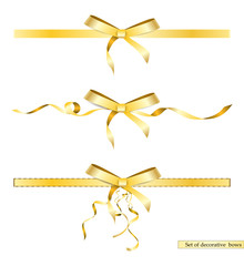 Set of decorative golden bows with horizontal ribbons isolated on white background. Vector yellow bow. Vector Illustration