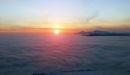 Fantastic landscape glowing by sunlight. Natural park. Carpathian, Ukraine, Europe. Beauty world. Happy New Year!!