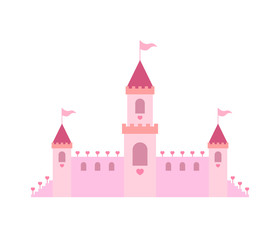 Fototapeta premium Princess castle decorated hearts on white background. Flat vector illustration
