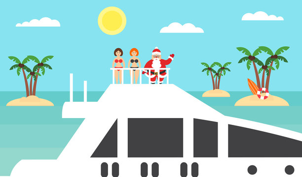 Summer background - sunny beach. Sea,palm tree and afroamerican santa on yacht.Girls in bikinis.Merry Christmas and New Year. Modern flat design. Vector illustration.