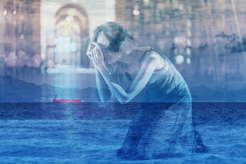 Double exposure of woman in grief and vessel in sea