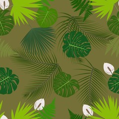 Fototapeta na wymiar Seamless pattern on a tropical theme. The leaves of palm trees, ferns, monstera leaves. Tropical flower anthurium.