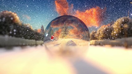 Santa Claus dancing in a glass globe, holiday background, snowing - Powered by Adobe