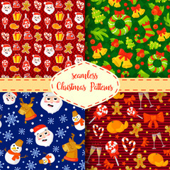 Set of Christmas seamless patterns.Backgrounds with symbols holiday and icons of family celebration elements.Winter seasonal wrapping paper, wallpaper, fabric, textile, backdrop design.Vector clip art