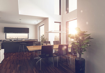 Modern living room interior with gallery balcony