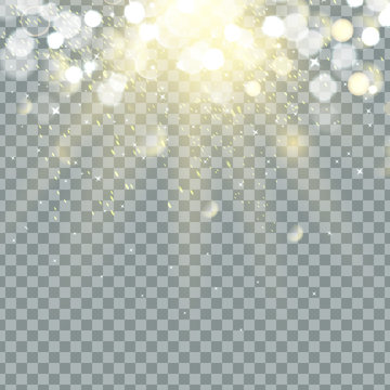 Transparent glow light effect. Star burst with sparkles. Gold glitter. vector.