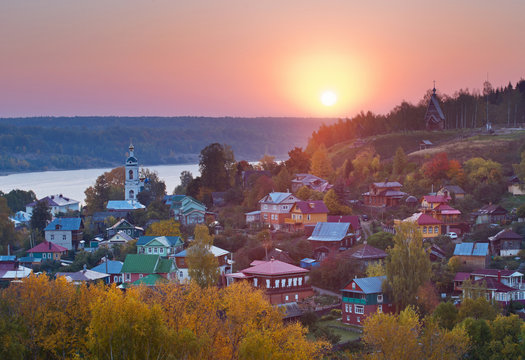 Sunrise over the picturesque town of Ples on Volga river.