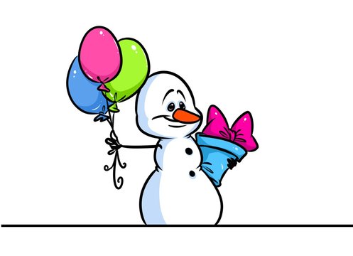 Christmas snowman character gift balloons cartoon illustration isolated image 

