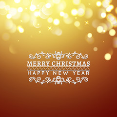 Golden Merry Christmas and Happy New Year card. Christmas typographic message. Vector bokeh background, festive defocused lights