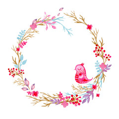 Hand drawn illustration - watercolor wreath. Christmas Wreath with flowers, berries. Perfect for invitations, greeting cards, quotes, blogs, Wedding frames, posters and more