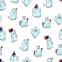 Seamless hand drawn ghost pattern. Pretty spooky characters.