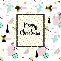 Christmas and New Year flat design greeting cards with Square Frame. Memphis style. Golden vector illustrations for greeting cards, website and mobile banners, marketing material.