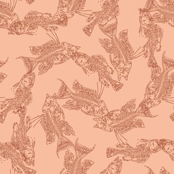 Seamless paleontology pattern with chaotic fossil bones of fishes in peach colors as ornament on cave walls. Vector illustration