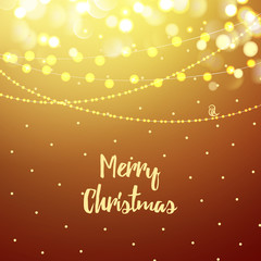Golden Christmas greeting card light vector background. Merry Christmas holidays wish design and Garlands decoration. Happy new year message. Vector illustration.