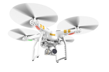 White quadrocopter drone with a video camera 3d