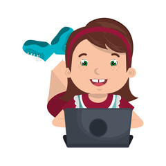 little kid online with laptop vector illustration design