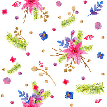 watercolor Christmas seamless pattern, hellebore flowers, poinsettia, pine, red berries, white background