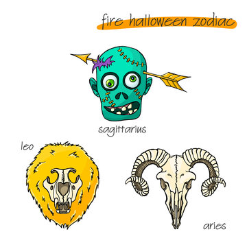 Colorful and funny halloween zodiac signs. Fire part.