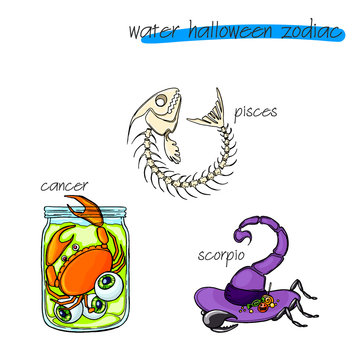 Colorful and funny halloween zodiac signs. Water part.