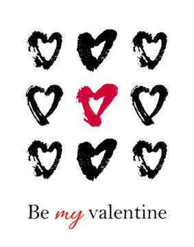 Vector hand drawn ink illustration with hearts. Greeting card with Be my valentine text. Doodles.
