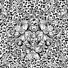 Eclectic fabric seamless pattern. Animal background with baroque ornament.