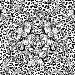 Wall murals Eclectic style Eclectic fabric seamless pattern. Animal background with baroque ornament.