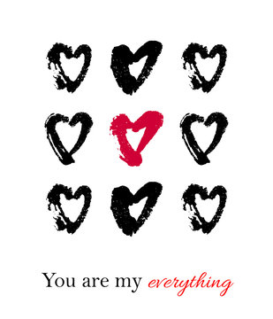 Vector hand drawn ink illustration with hearts. Greeting card with You are my everything text. Doodles.