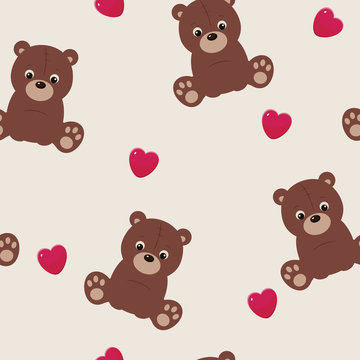 Seamless background with teddy bear and heart.